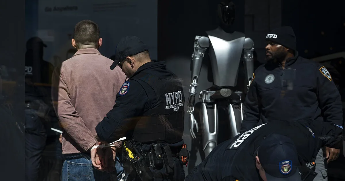 Hundreds Protest Outside Tesla Dealership, Storm Building