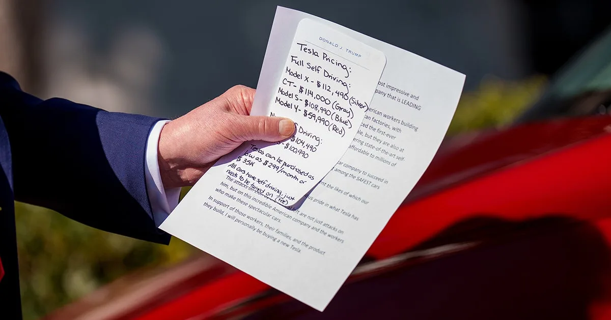 Trump Was Reading Notes for His Tesla Sales Pitch and a Photographer Got a Shot of Them